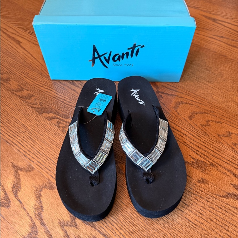Avanti Black Beaded Wedge Flip Flop Sandals